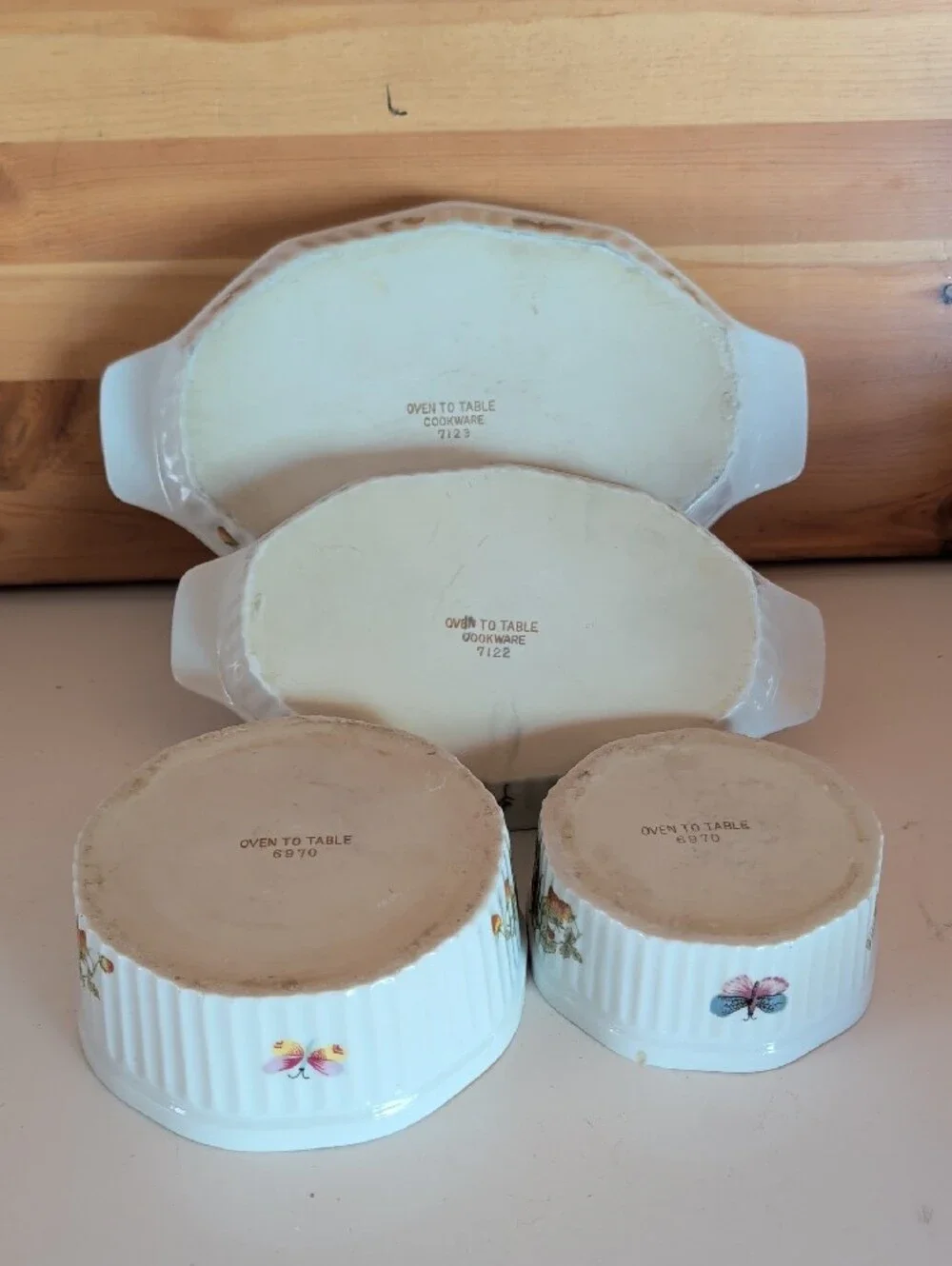 4 pcs.Oven To Table, White Ceramic Fruit & Butterfly. 7124-7122-6070-6970.